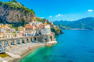Atrani on Amalfi Coast, Italy. Aerial photo of famous city Atrani located on Amalfi Coast in Italy