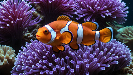 Vibrant symbiosis of Clownfish (Amphiprion ocellaris) and anemones in this stunning photo. Colorful fish swim gracefully among the protective tentacles of their anemone hosts. Generative AI.