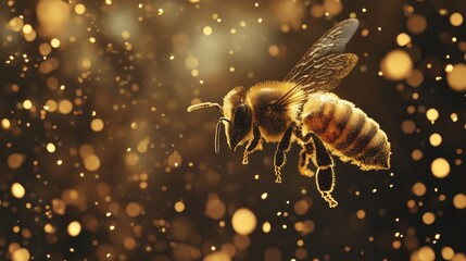 Fototapeta premium Golden Bee in Flight with Bokeh Background - A honeybee in mid-flight, captured against a shimmering backdrop of golden bokeh. The image symbolizes hard work, pollination, nature's beauty, and the gol