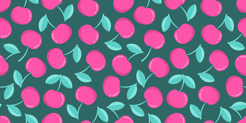 Cherry seamless pattern with berries and leaves on green background. Flat vector illustration.