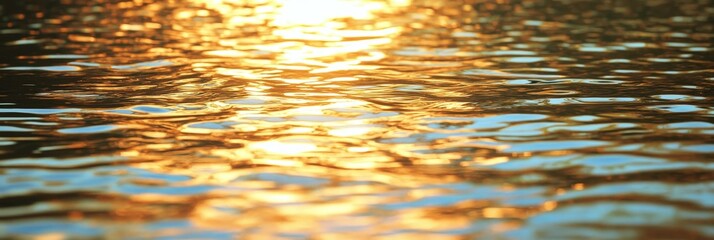 Golden Sunset Reflection on Water Surface - A close-up of water with the golden light of the setting sun reflecting off the surface.  The image conveys warmth, peace, and tranquility.