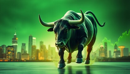 bull charging with intensity green financial charts and city skyline in background green hues blending bull s dynamic energy contrasts with static market data and urban backd