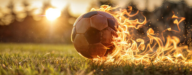 Burning soccer ball reaching goal. A soccer ball engulfed in flames.