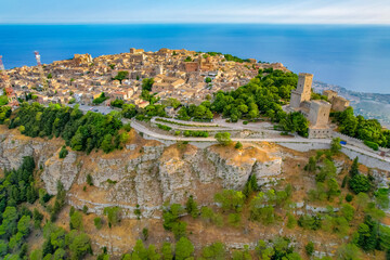 Aerial view of historic town of Erice near Trapani. Castello di Venere, Sicily, Italy.