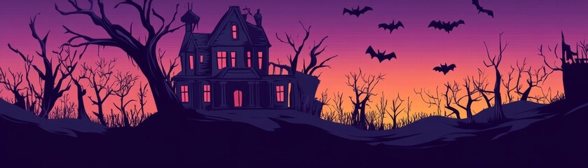 Fototapeta premium Haunted Mansion Silhouette Against a Twilight Sky - A spooky silhouette of a haunted mansion with glowing windows, set against a backdrop of bare trees and a twilight sky. The image evokes a sense of 