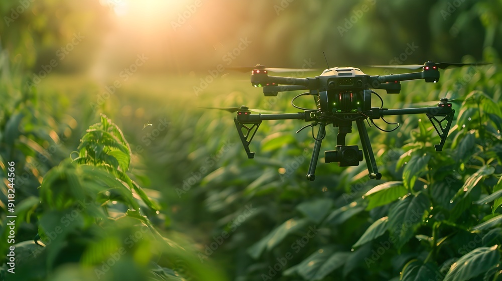 Poster drone capturing data in precision farming field with intelligence concepts