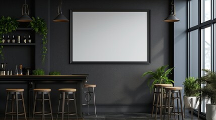 Modern cafe interior with eating tables and chairs, window and mockup frame
