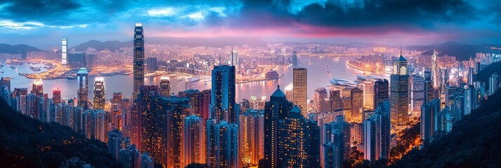 Hong Kong Skyline at Dusk: Breathtaking Cityscape with Dramatic Clouds - A stunning panoramic view of Hong Kong's skyline at dusk, featuring skyscrapers, a harbor, and dramatic clouds. The city lights