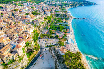Fototapeta premium Tropea, Calabria, Italy. Church of Santa Maria dell'Isola. Monastery and coastline with azure crystal-clear water