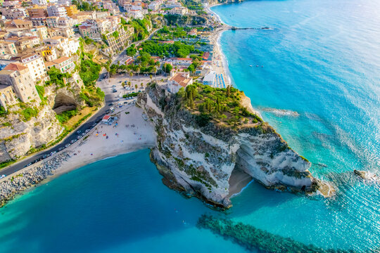 Tropea, Calabria, Italy. Church of Santa Maria dell'Isola. Monastery and coastline with azure crystal-clear water