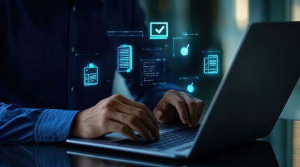 A businessman touching a virtual screen with a check mark icon and contract document. Digital record and equipment technology for business growth in the style of digital marketing. checkmark,checklist