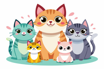 Fototapeta premium Four Adorable Cartoon Cats Sitting Together