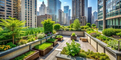 Fototapeta premium Closeup of a rooftop garden oasis in the concrete jungle, rooftop, garden, oasis, urban, city, modern, architecture, design