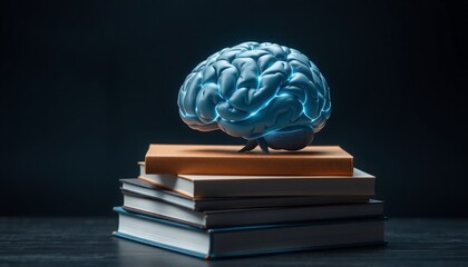 luminous brain atop modern books dark background creating sharp contrast hyperrealistic details highlighting profound wisdom and intellectual prowess