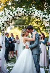 A bride and groom share a tender moment under a floral arch in a bright garden. 
