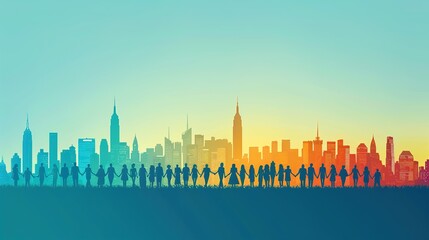 Fototapeta premium Colorful Urban Skyline with Silhouetted Crowd