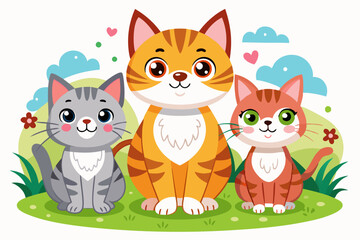 Fototapeta premium Three Cartoon Cats Sitting in Grass with Flowers and Clouds