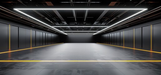 Empty industrial space with black walls and floor, yellow lines, and bright white light fixtures.