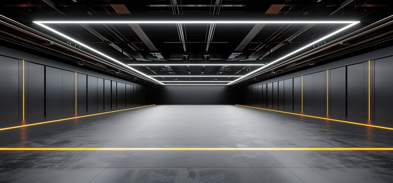 Fototapeta Empty industrial space with black walls and floor, yellow lines, and bright white light fixtures.