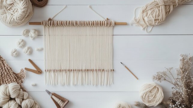 Macrame Wall Hanging Supplies: Yarn, Tools, and a Blank Canvas - A white wooden surface with macrame supplies, including yarn, a wooden loom, and tools for creating a wall hanging.