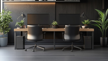 Fototapeta premium office workspace, with ergonomic chairs, dual monitors, and a clean, organized desk, reflecting a contemporary and efficient work environment
