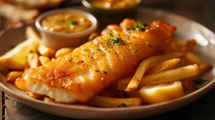 A delicious fish fillet topped with cheese, garlic aioli, french fries, and garnished with dill,