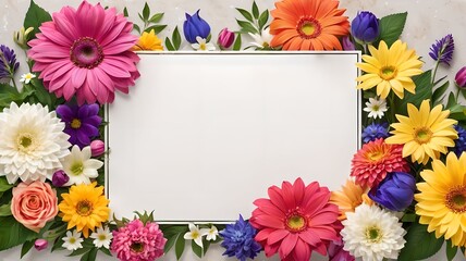 Flowers around the frame, white background, lots of space for text, empty space. Banner, layout