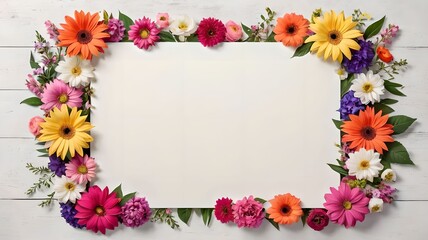 Fototapeta premium Flowers around the frame, white background, lots of space for text, empty space. Banner, layout