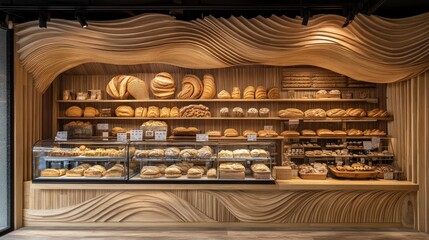Modern Bakery Interior with Wave-Shaped Wooden Walls and Fresh Bread Display - A modern bakery interior featuring a wave-shaped wooden wall design, showcasing a variety of fresh baked bread on shelves