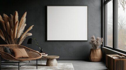 Modern Living Room with Blank Canvas Mockup, Cozy Chair, and Natural Elements - This image portrays a stylish living room with a blank canvas mockup, a cozy rattan chair, dried pampas grass, and a woo
