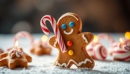 festive gingerbread man with colorful candy cane warm brown contrasted by vibrant icing soft lighting highlights textures candy cane held diagonally creating a cozy and chee