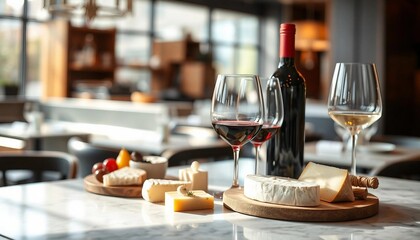 A sophisticated wine and cheese arrangement is elegantly displayed on a rustic wooden table in a chic restaurant. Warm lighting highlights the rich hues of the wine and textures of artisanal cheeses