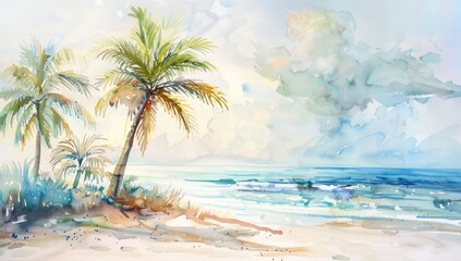 A painting of a beach with palm trees and a blue ocean
