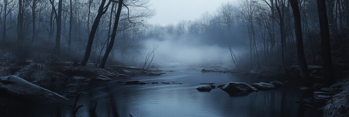 Mystical Fog Envelops Forest Stream - A serene river winds through a misty forest, the dense fog creating a sense of mystery and tranquility, symbolizing nature's embrace, hidden beauty, serenity, cal