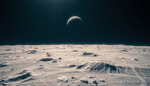 lunar landscape with scattered craters earth in the sky above light mode highlighting surface details first-person perspective HDR image with vibrant color grading