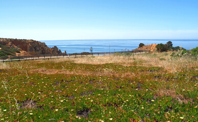 Algarve coast of Portugal between Ponta da Piedade and beach Praia Porto de Mos in Lagos with epic cliffs and nature