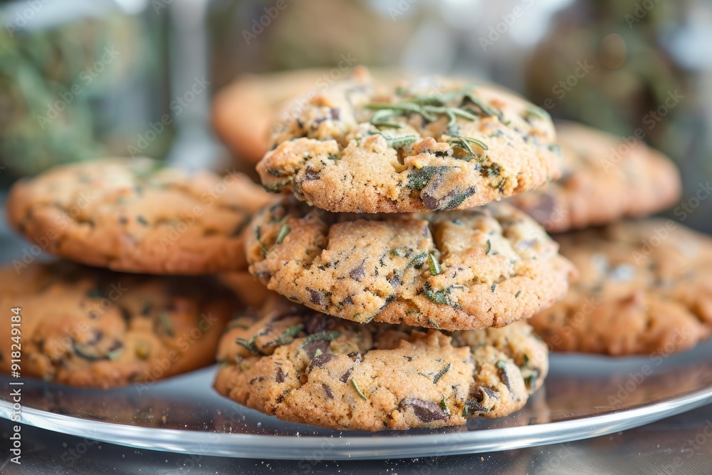 Poster Closeup of homemade cookies infused with cannabis, stacked on a kitchen counter