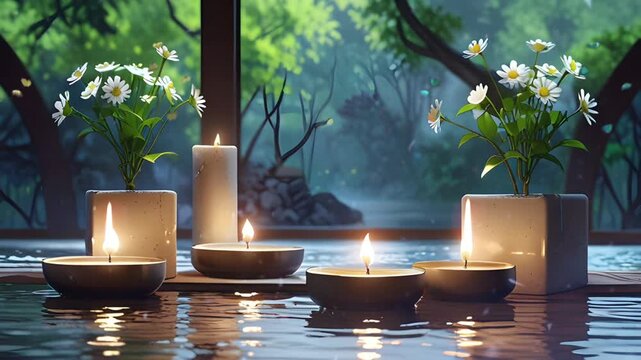 The spa room is relaxing and chilled out with some lit candles, fresh flowers and a water pool. Seamless 4K looping timelapse video animation generated AI