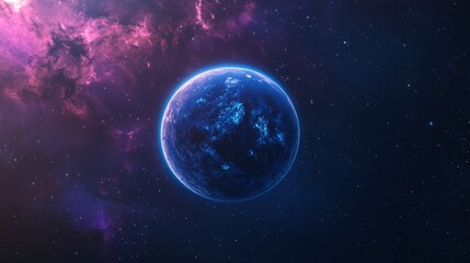 A blue planet with a purple nebula in the background, all against a dark blue starry sky.