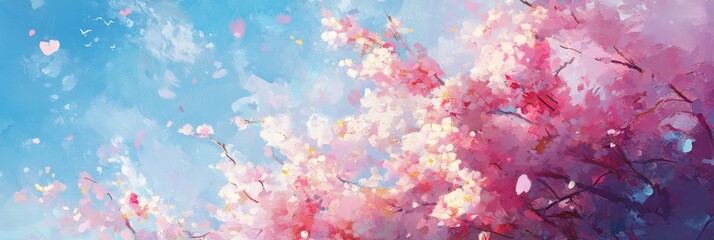 Pink Cherry Blossoms Falling in Springtime Sky - A beautiful image of a pink cherry blossom tree in full bloom. The petals are falling from the branches, creating a shower of pink in the blue sky. Thi
