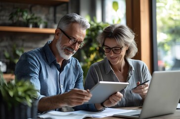 business man and woman team using tablet working together in office