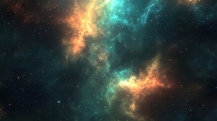 A mesmerizing cosmic landscape featuring vibrant nebulae in hues of teal and orange, scattered with twinkling stars against a dark backdrop.