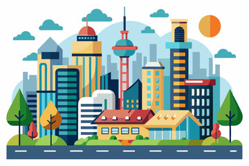 Obraz premium Modern Cityscape with Tower and Residential Buildings