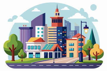 Naklejka premium Colorful Cityscape with Skyscrapers, Streetlights, and Trees