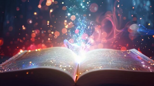 An open book emits colorful sparks and light, creating a magical atmosphere filled with wonder and creativity
