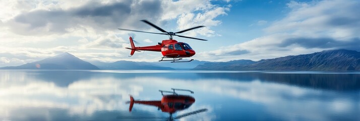 Red Helicopter Flying Over Calm Lake and Mountain Range - A red helicopter flies over a serene lake with a mountain range in the background, representing freedom, adventure, exploration, and transport