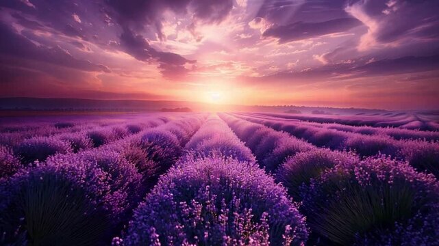Vibrant lavender fields stretch across the landscape as the sun sets, casting a warm glow over the flowers in Provence