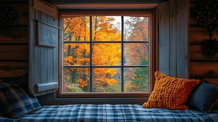 A window seat with a plaid blanket and a view of autumn trees.