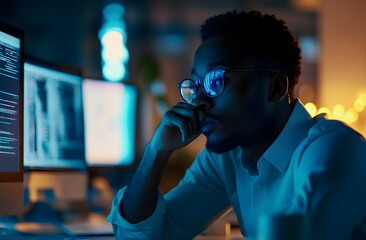 Fototapeta premium business man, stress and fatigue in night, office and headache
