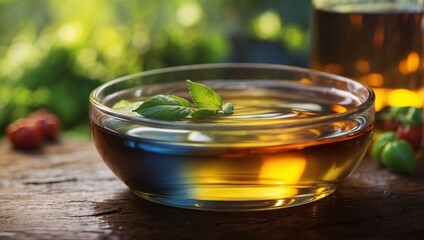Glass bowl filled with golden, fragrant essential oil garnished with fresh green leaves. Soft sunlight streaming through the background and a rustic wooden table, natural atmosphere. Oil in glass bowl